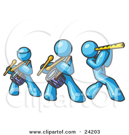 Clipart Illustration of Three Light Blue Men Playing Flutes and Drums at a Music Concert by Leo Blanchette