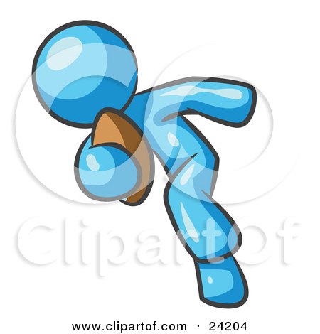 Clipart Illustration of a Light Blue Man Running With A Football In Hand During A Game Or Practice by Leo Blanchette