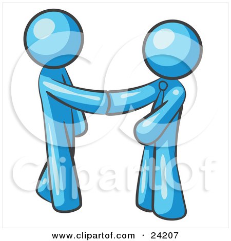 Clipart Illustration of a Light Blue Man Wearing A Tie, Shaking Hands With Another Upon Agreement Of A Business Deal by Leo Blanchette
