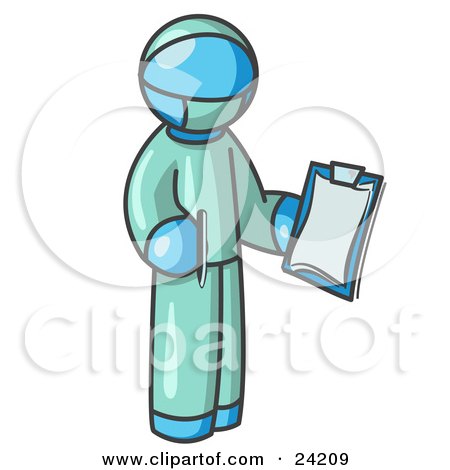 Clipart Illustration of a Light Blue Surgeon Man in Green Scrubs, Holding a Pen and Clipboard by Leo Blanchette