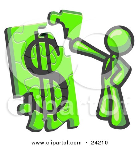 Clipart Illustration of a Lime Green Businessman Putting a Dollar Sign Puzzle Together by Leo Blanchette