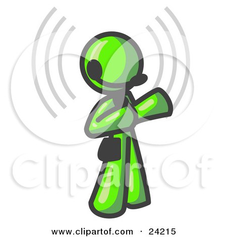 Clipart Illustration of a Lime Green Customer Service Representative Taking a Call With a Headset in a Call Center by Leo Blanchette