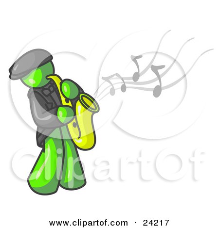 Clipart Illustration of a Musical Lime Green Man Playing Jazz With a Saxophone by Leo Blanchette