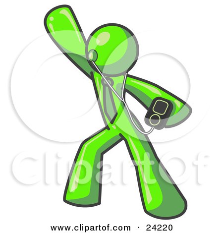 Clipart Illustration of a Lime Green Man Dancing and Listening to Music With an MP3 Player  by Leo Blanchette