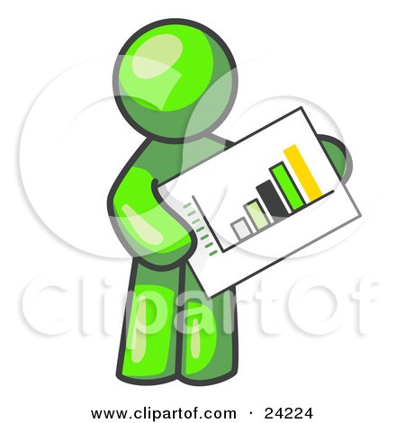 Clipart Illustration of a Lime Green Man Holding A Bar Graph Displaying An Increase In Profit by Leo Blanchette