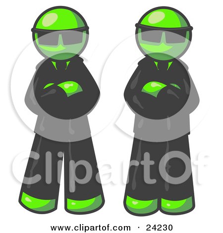 Clipart Illustration of Two Lime Green Men Standing With Their Arms Crossed, Wearing Sunglasses and Black Suits by Leo Blanchette