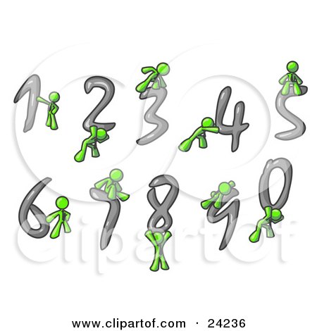 Clipart Illustration of Lime Green Men With Numbers 0 Through 9 by Leo Blanchette