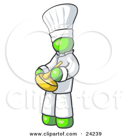 Clipart Illustration of a Lime Green Baker Chef Cook in Uniform and Chef's Hat, Stirring Ingredients in a Bowl by Leo Blanchette