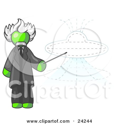 Clipart Illustration of a Lime Green Einstein Man Pointing a Stick at a Presentation of a Flying Saucer by Leo Blanchette