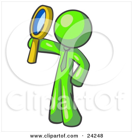 Clipart Illustration of a Lime Green Man Holding Up A Magnifying Glass And Peering Through It While Investigating Or Researching Something  by Leo Blanchette
