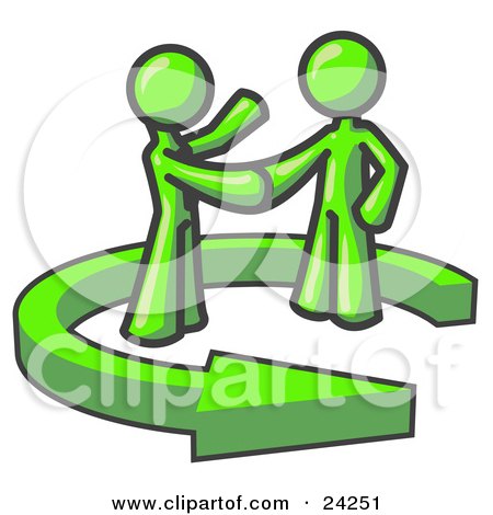 Clipart Illustration of a Lime Green Salesman Shaking Hands With a Client While Making a Deal by Leo Blanchette