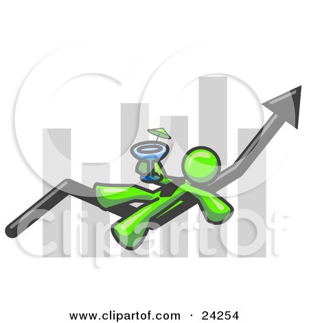 Clipart Illustration of a Lime Green Business Owner Man Relaxing on an Increase Bar and Drinking, Finally Taking a Break by Leo Blanchette