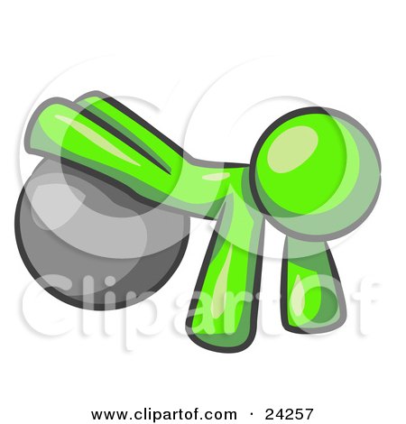 Clipart Illustration of a Lime Green Man Strength Training His Arms And Legs While Using A Yoga Exercise Ball by Leo Blanchette