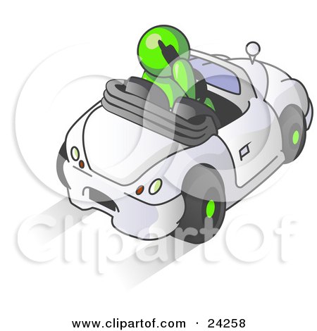Clipart Illustration of a Lime Green Businessman Talking on a Cell Phone While Driving in a White Convertible Car by Leo Blanchette