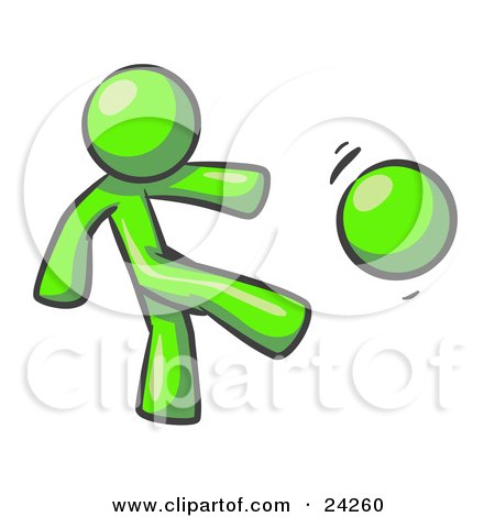 Clipart Illustration of a Lime Green Man Kicking A Ball Really Hard While Playing A Game by Leo Blanchette