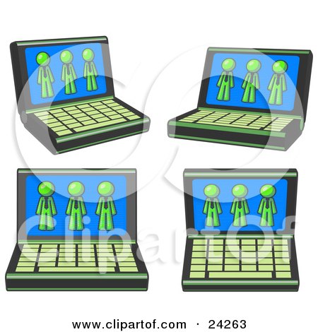 Clipart Illustration of Four Laptop Computers With Three Lime Green Men on Each Screen by Leo Blanchette