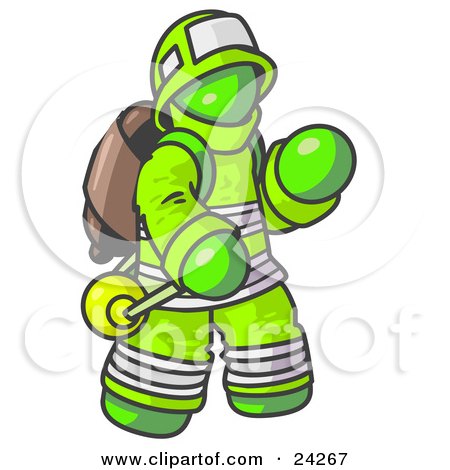 Clipart Illustration of a Lime Green Fireman in a Uniform, Fighting a Fire by Leo Blanchette