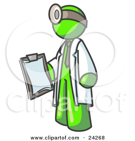 Clipart Illustration of a Lime Green Male Doctor Holding a Clipboard And Wearing a Head Lamp by Leo Blanchette