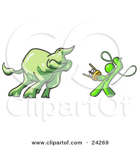 Clipart Illustration of a Lime Green Man Holding a Stool and Whip While Taming a Bull, Bull Market by Leo Blanchette