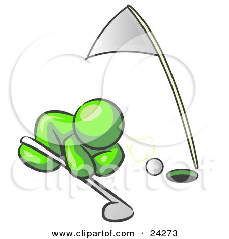 Clipart Illustration of a Lime Green Man Down On The Ground, Trying To Blow A Golf Ball Into The Hole by Leo Blanchette