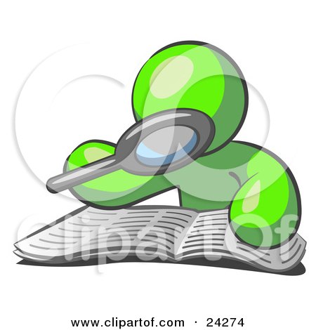 Clipart Illustration of a Lime Green Man Using A Magnifying Glass To Examine The Facts In The Daily Newspaper by Leo Blanchette
