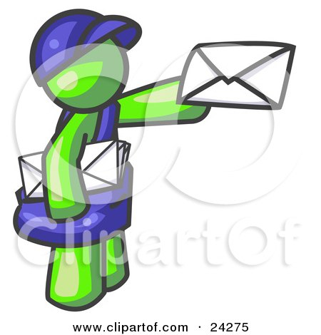 Clipart Illustration of a Lime Green Mail Man Delivering a Letter by Leo Blanchette