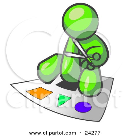 Clipart Illustration of a Lime Green Man Holding A Pair Of Scissors And Sitting On A Large Poster Board With Colorful Shapes by Leo Blanchette