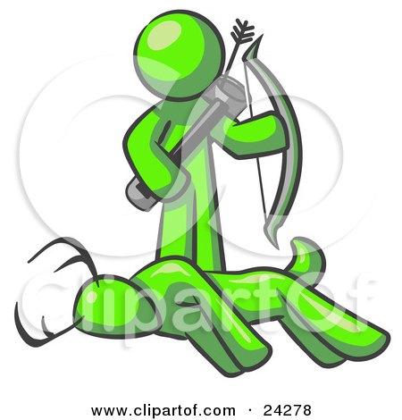 Clipart Illustration of a Lime Green Man, A Hunter, Holding A Bow And Arrow Over A Dead Buck Deer by Leo Blanchette