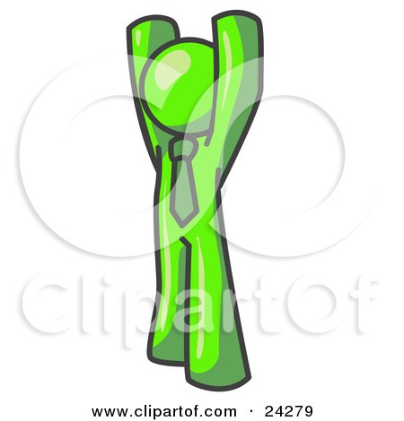 Clipart Illustration of a Lime Green Man Standing With His Arms Above His Head by Leo Blanchette