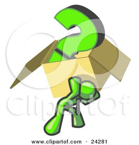 Clipart Illustration of a Lime Green Man Carrying a Heavy Question Mark in a Box by Leo Blanchette
