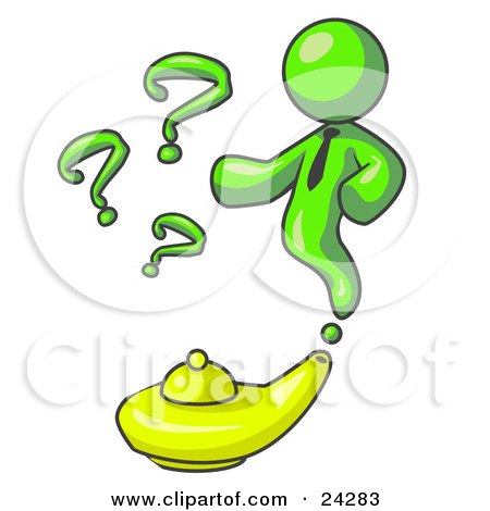 Clipart Illustration of a Lime Green Genie Man Emerging From a Golden Lamp With Question Marks by Leo Blanchette