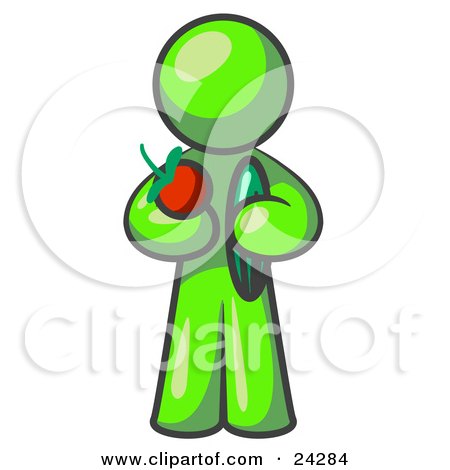 Clipart Illustration of a Healthy Lime Green Man Carrying A Fresh And Organic Apple And Cucumber by Leo Blanchette