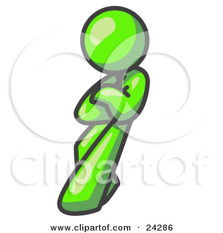 Clipart Illustration of a Lime Green Man With an Attitude, His Arms Crossed, Leaning Against a Wall by Leo Blanchette