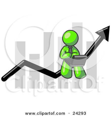 Clipart Illustration of a Lime Green Man Conducting Business On A Laptop Computer On An Arrow Moving Upwards In Front Of A Bar Graph, Symbolizing Success by Leo Blanchette