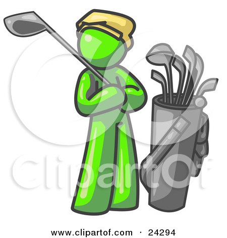 Clipart Illustration of a Lime Green Man Standing by His Golf Clubs by Leo Blanchette
