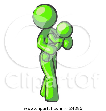 Clipart Illustration of a Lime Green Woman Carrying Her Child In Her Arms, Symbolizing Motherhood And Parenting by Leo Blanchette