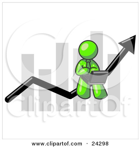 Clipart Illustration of a Lime Green Man Using a Laptop Computer, Riding the Increasing Arrow Line on a Business Chart Graph by Leo Blanchette