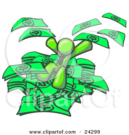 Clipart Illustration of a Green Business Man Jumping in a Pile of Money and Throwing Cash Into the Air by Leo Blanchette