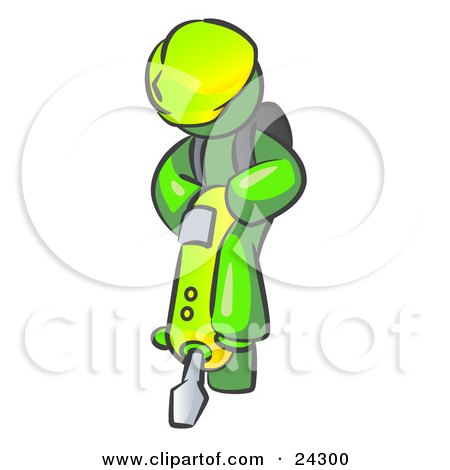 Clipart Illustration of a Lime Green Construction Worker Man Wearing A Hardhat And Operating A Yellow Jackhammer While Doing Road Work by Leo Blanchette