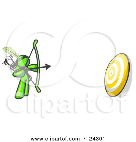 Clipart Illustration of a Lime Green Man Aiming a Bow and Arrow at a Target During Archery Practice by Leo Blanchette