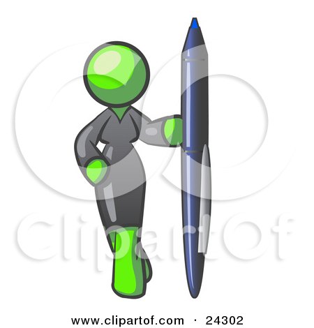 Clipart Illustration of a Lime Green Woman In A Gray Dress, Standing With One Hand On Her Hip, Holding A Huge Pen by Leo Blanchette