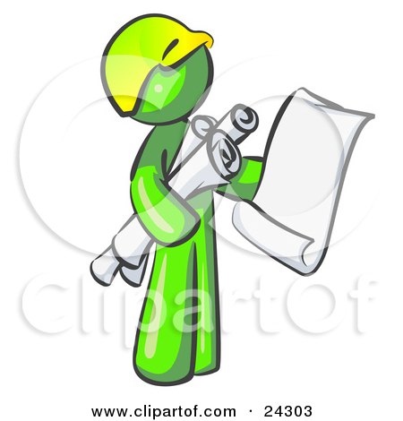 Clipart Illustration of a Lime Green Man Contractor Or Architect Holding Rolled Blueprints And Designs And Wearing A Hardhat by Leo Blanchette