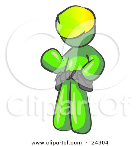 Clipart Illustration of a Friendly Lime Green Construction Worker Or Handyman Wearing A Hardhat And Tool Belt And Waving by Leo Blanchette