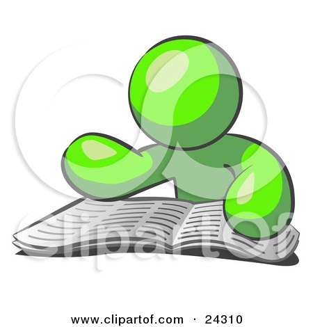 Clipart Illustration of a Lime Green Man Character Seated And Reading The Daily Newspaper To Brush Up On Current Events by Leo Blanchette
