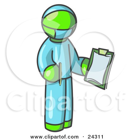 Clipart Illustration of a Lime Green Surgeon Man in Blue Scrubs, Holding a Pen and Clipboard by Leo Blanchette