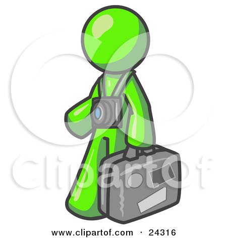 Clipart Illustration of a Lime Green Male Tourist Carrying His Suitcase and Walking With a Camera Around His Neck by Leo Blanchette