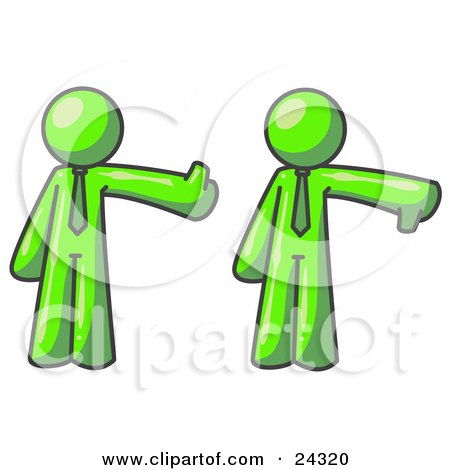 Clipart Illustration of a Lime Green Business Man Giving the Thumbs Up Then the Thumbs Down  by Leo Blanchette