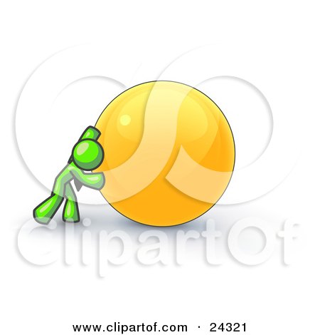 Clipart Illustration of a Strong Lime Green Business Man Pushing an Orange Sphere  by Leo Blanchette