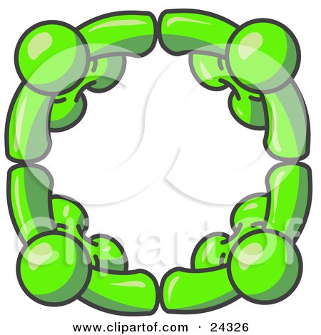 Clipart Illustration of Four Lime Green People Standing in a Circle and Holding Hands For Teamwork and Unity by Leo Blanchette