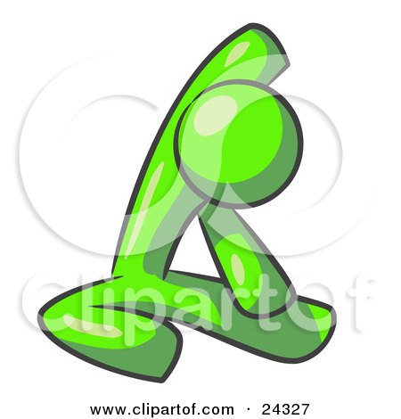 Clipart Illustration of a Lime Green Man Sitting On A Gym Floor And Stretching His Arm Up And Behind His Head by Leo Blanchette